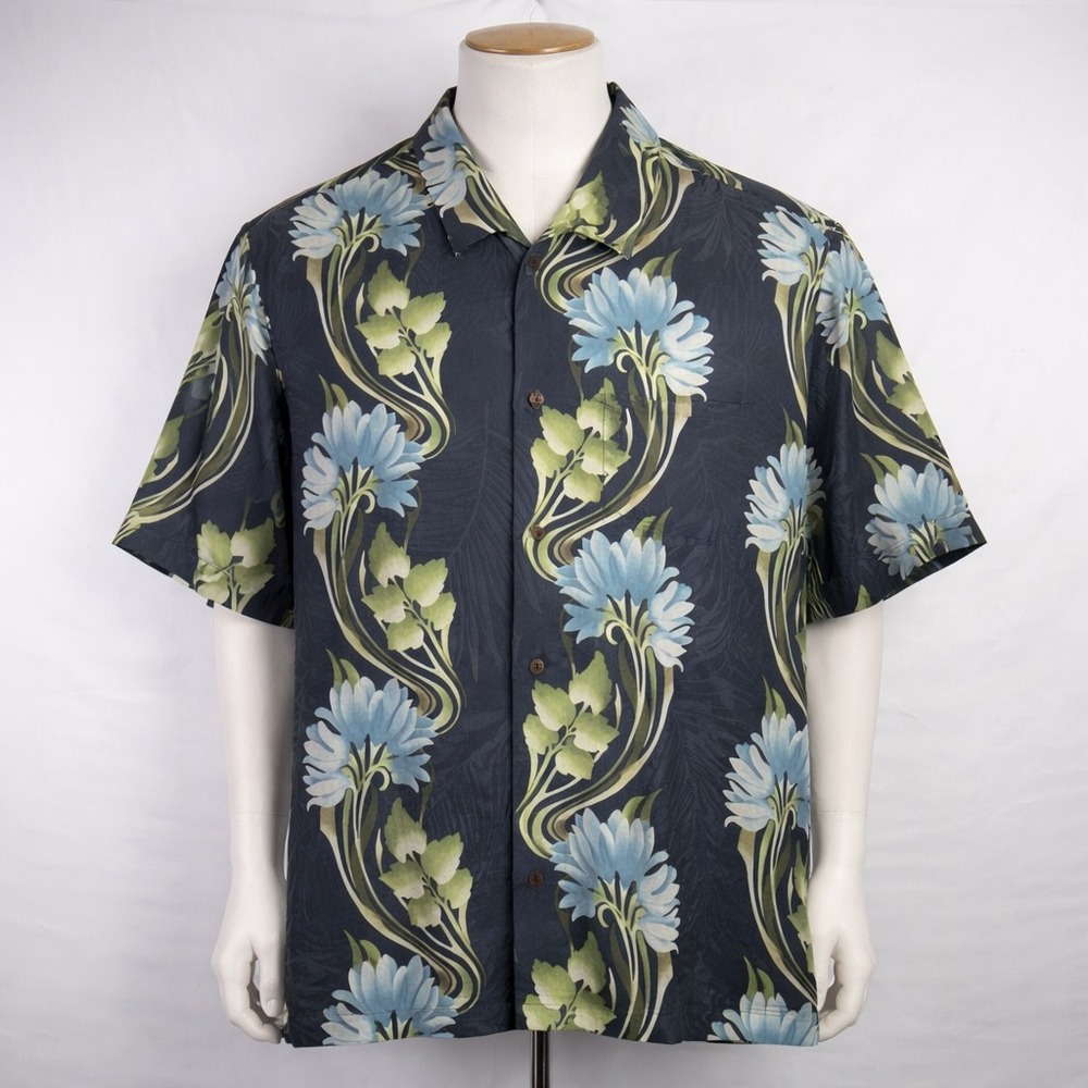 Tommy Bahama Men XL Silk Camp Shirt Floral Lotus Jacquard Navy Blue Short Sleeve